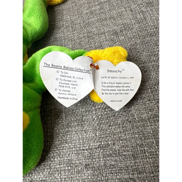 Ty Beanie Babies Smoochy Frog Plush Green & Yellow 1997 Rare Collectible Toy - Picture 8 of 8